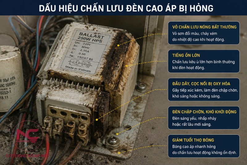 Dấu hiệu chấn lưu đèn cao áp bị hỏng trong quá trình sử dụng