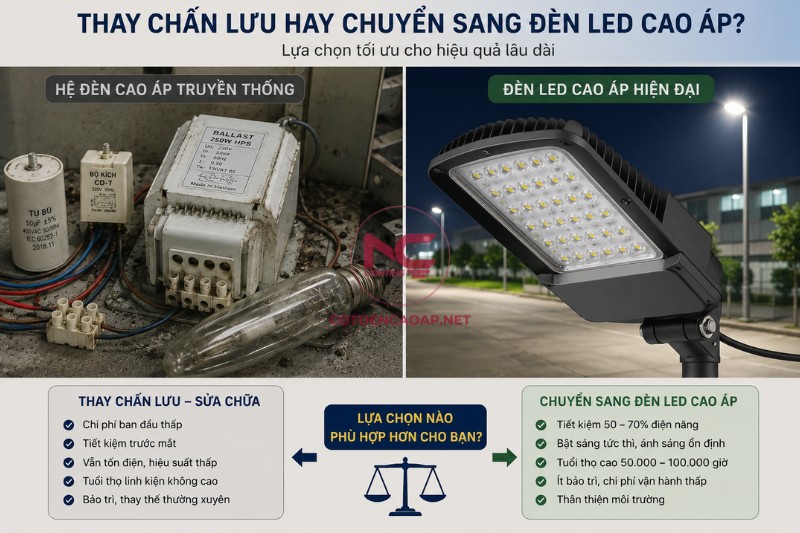 So sánh thay chấn lưu đèn cao áp và chuyển sang đèn LED cao áp