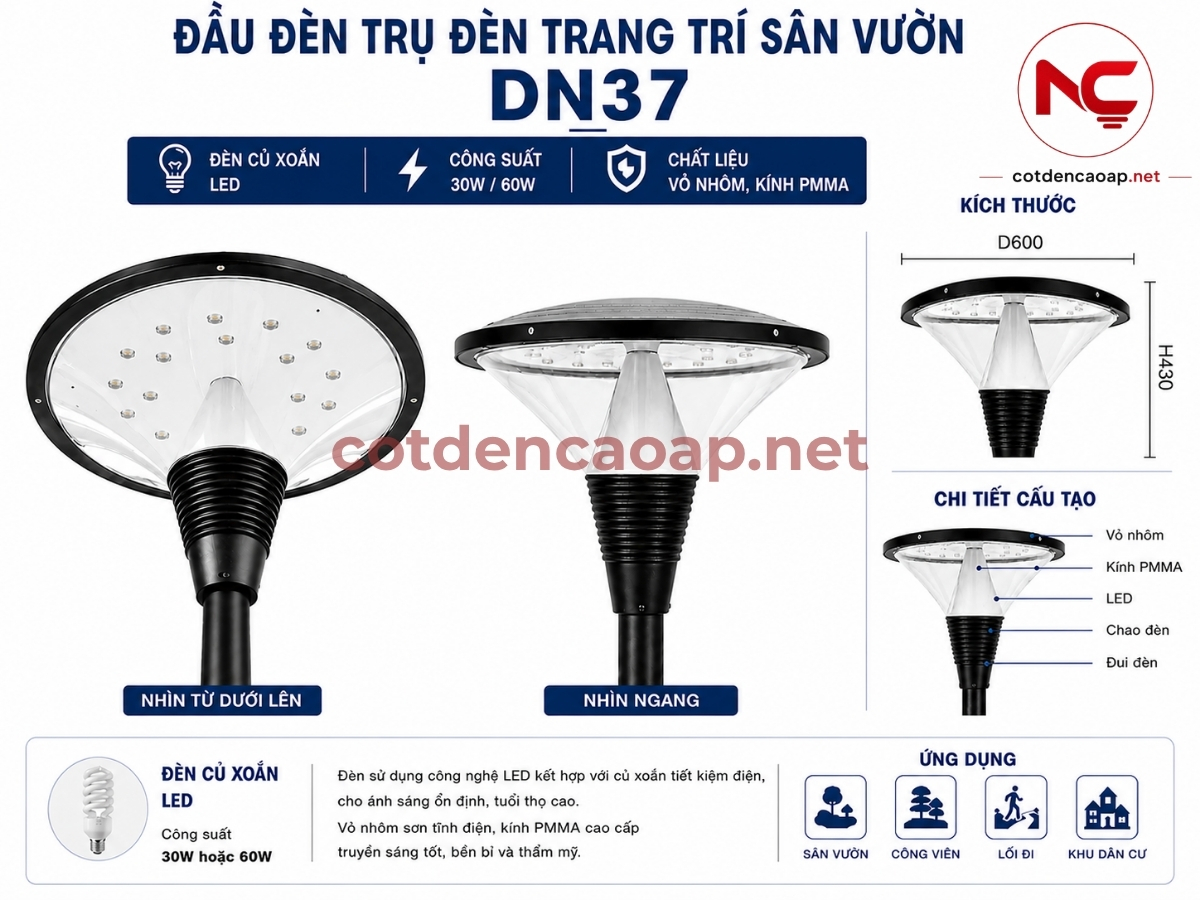 Cấu tạo và kích thước của đầu đèn Cột đèn sân vườn DN37