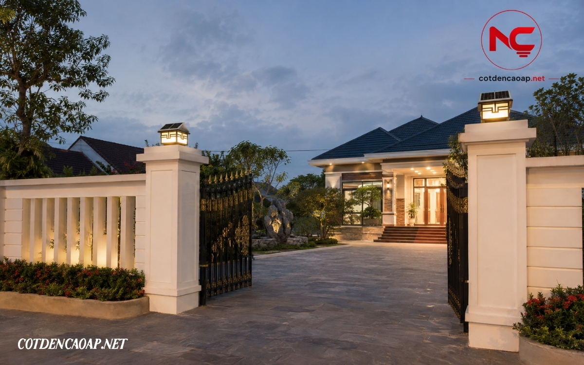 Đèn trụ cổng năng lượng mặt trời lắp thực tế
