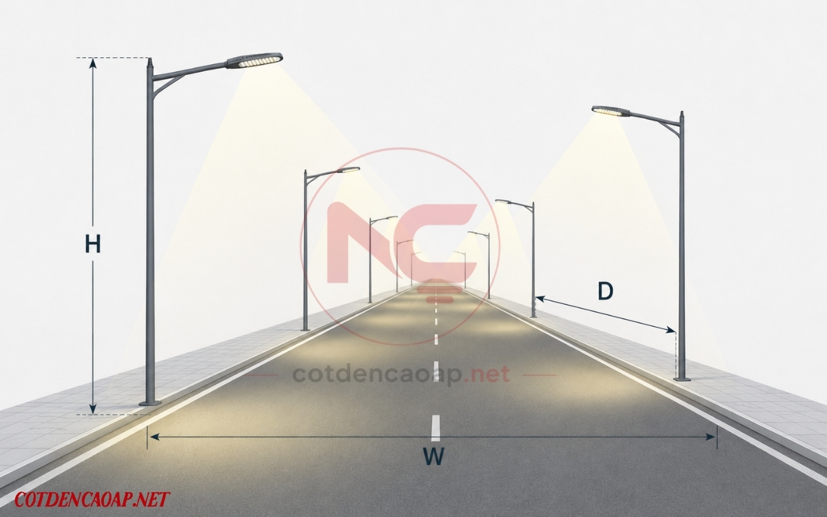Sơ đồ chiều cao cột, bề rộng đường và khoảng cách cột khi chọn đèn LED cao áp