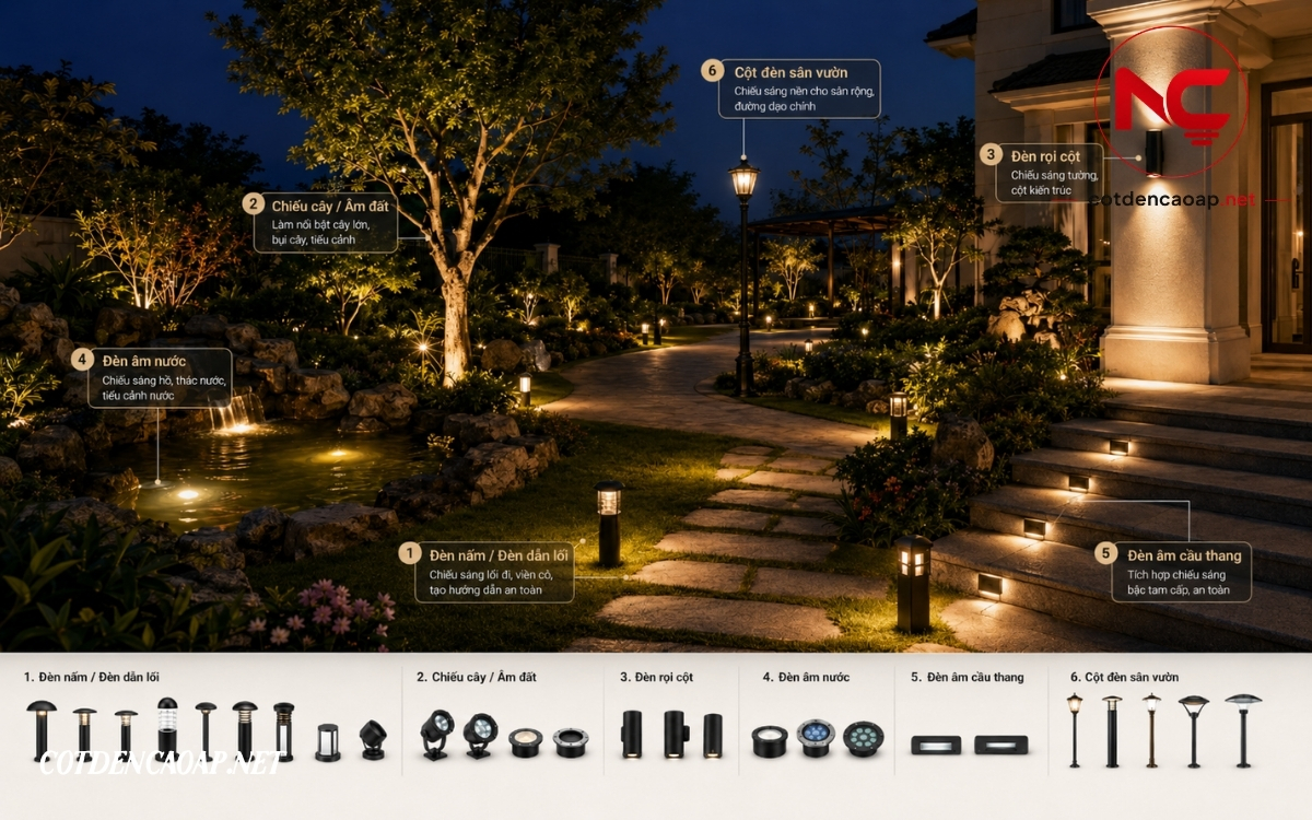 Sơ đồ chọn đèn sân vườn theo vị trí