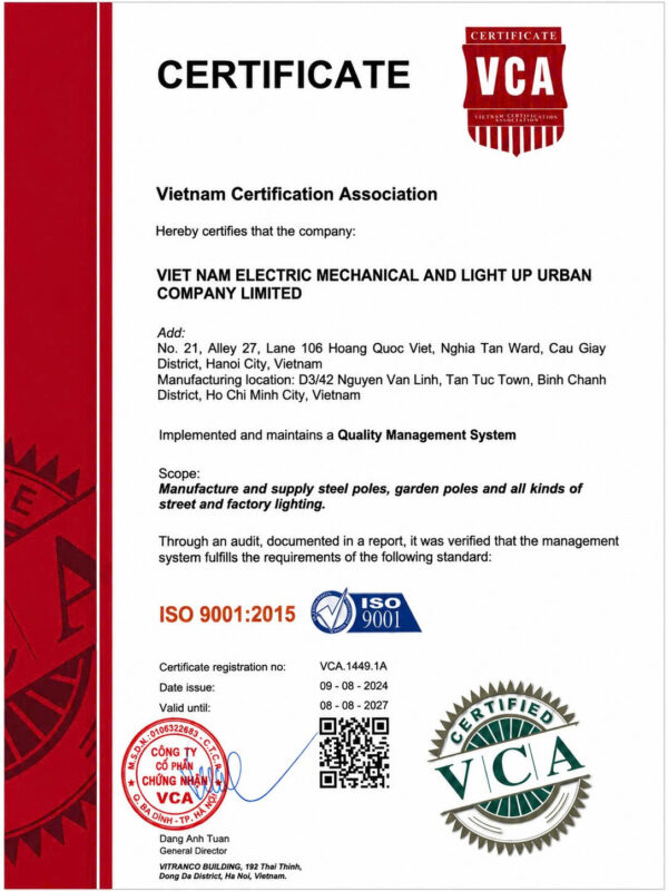ISO 9001:2015 Certificate của Công ty TNHH Cơ Điện và Chiếu Sáng Đô Thị Việt Nam