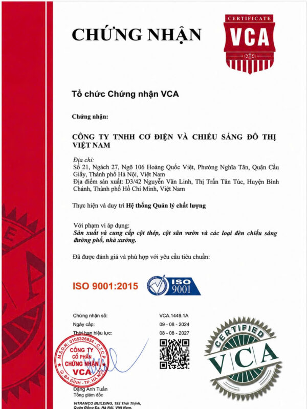 Chứng nhận ISO 9001:2015 của Công ty TNHH Cơ Điện và Chiếu Sáng Đô Thị Việt Nam